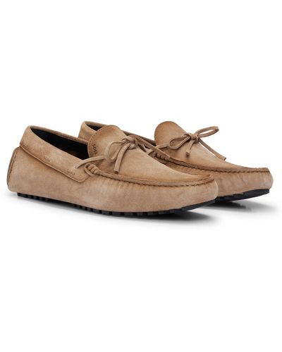 BOSS Suede Moccasins With Buckled Upper Strap - Natural