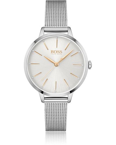 BOSS Mesh-bracelet Watch With Crystal-studded Silver-white Dial - Metallic