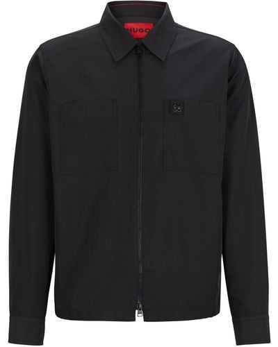 HUGO Oversized-fit Zip-up Shirt With Stacked Logo Trim - Black