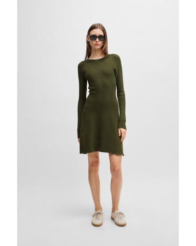 BOSS Slim-fit Long-sleeved Dress With Mixed Structures - Green