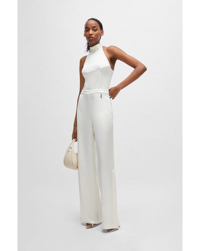 HUGO Tie-neck Jumpsuit In Satin - White