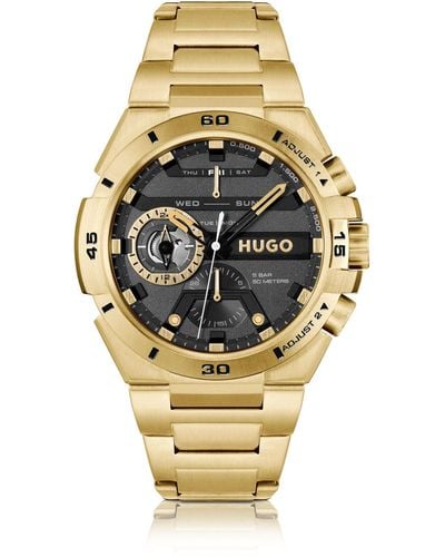 HUGO Black-dial Watch In Yellow-gold-tone Steel - Metallic