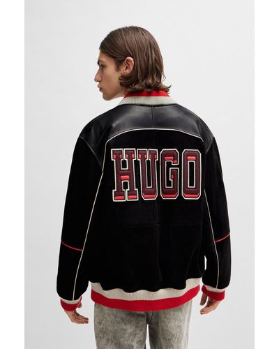 HUGO Relaxed-fit Bomber Jacket With Sporty Logos - Black