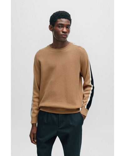BOSS Cotton Jumper With Colour-blocking And Mesh Detail - Brown