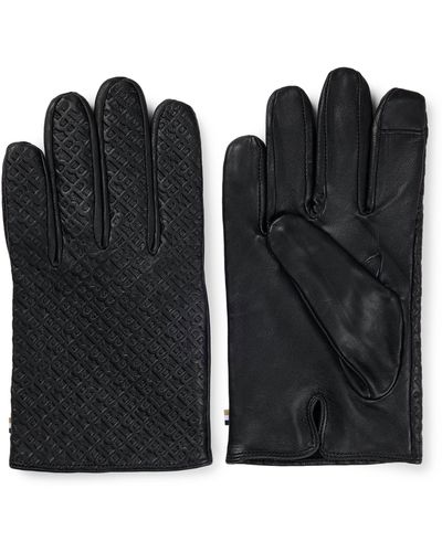BOSS Monogrammed Gloves In Leather With Touchscreen-friendly Fingertips - Black