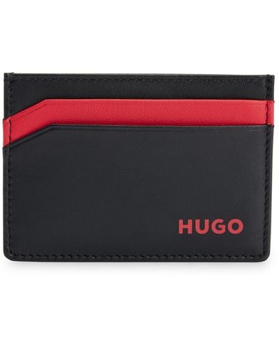 HUGO Leather Card Holder With Logo - Gray