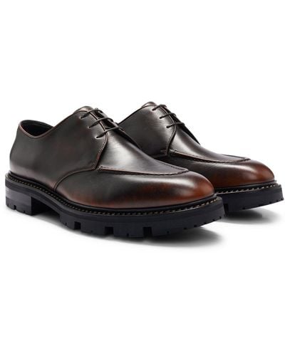 BOSS Treated-leather Derby Shoes With Camel-toned Stitching - Black