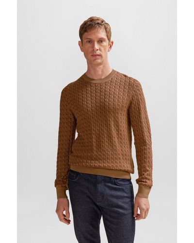 BOSS Regular-fit Jumper In Silk With Geometric Structure - Brown
