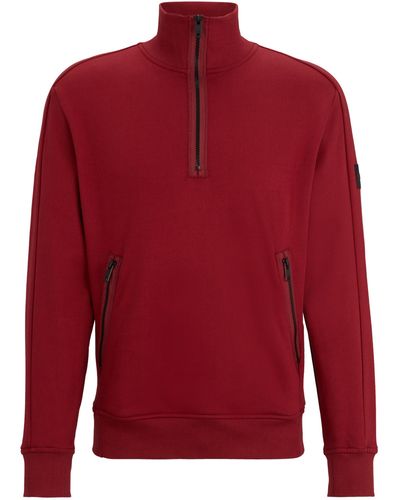 BOSS Sweatshirt aus Baumwoll-Terry mit Reißverschluss am Kragen und Logo-Patch - Rot