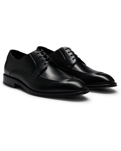 BOSS Leather Derby Shoes With Double Stitching On Uppers - Black