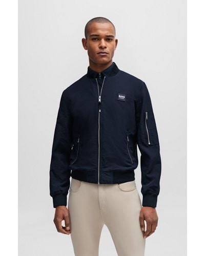 BOSS Equestrian Bomber Jacket With Zipped Sleeve Pocket - Blue