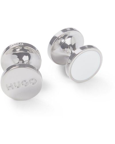 HUGO Runde Manschettenknöpfe mit Emaille-Einsatz und Logo - Weiß