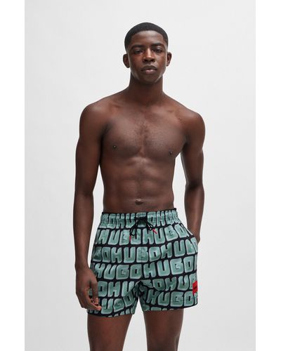 HUGO Quick-dry Swim Shorts With All-over Logo Print - Green