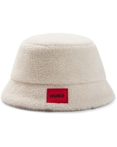 HUGO Bucket Hat In Teddy Fleece With Red Logo Label - Grey