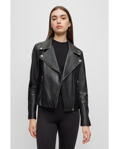 HUGO Oiled-leather Jacket With Asymmetric Zip - Black