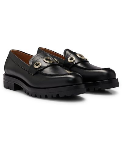 BOSS Leather Moccasins With Eyelet Details - Black