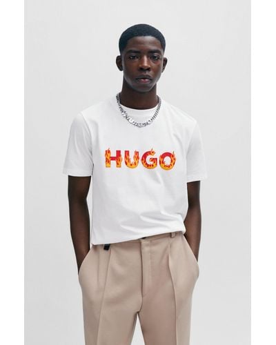 HUGO Cotton-jersey T-shirt With Puffed Flame Logo - White