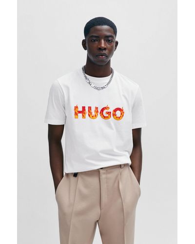 HUGO T-shirt en jersey de coton avec logo flammes en relief - Blanc