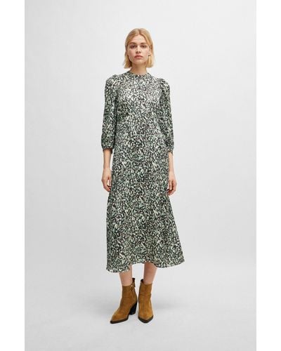 BOSS Long-sleeved Dress In Printed Canvas With Buttoned Placket - Green