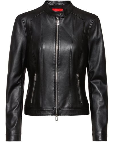 HUGO Leather Jacket With Two-way Front Zip - Black