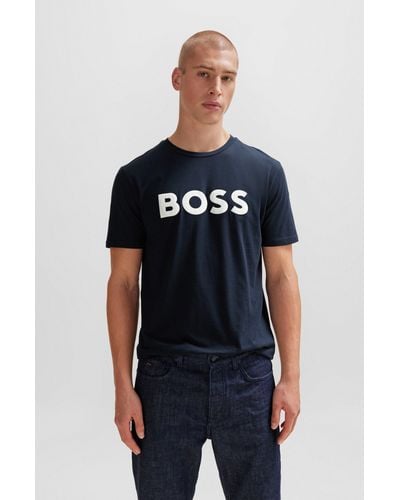 BOSS T-shirt en jersey de coton avec logo imprimé en gomme - Bleu