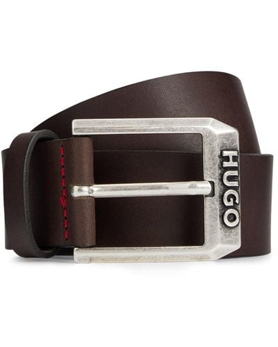 HUGO Leather Belt With Logo Pin Buckle - Brown
