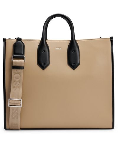 BOSS Faux-leather Tote Bag With Signature Details - Natural