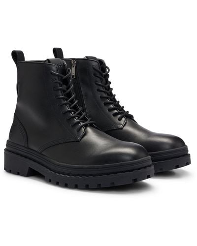 BOSS Leather Lace-up Boots With Rubber Outsole - Black