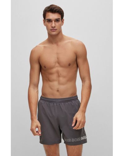 BOSS Recycled-material Swim Shorts With Repeat Logos - Gray
