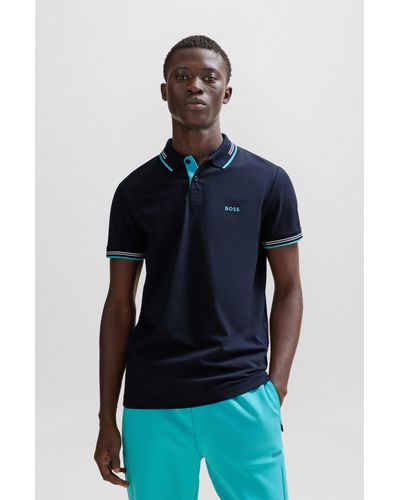 BOSS Stretch-cotton Slim-fit Polo Shirt With Branding - Blue