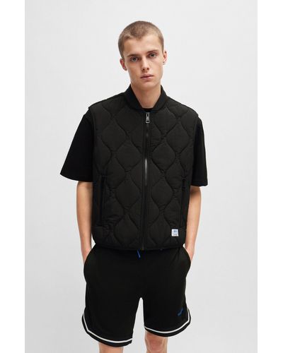 HUGO Water-repellent Quilted Gilet With Logo Patch - Black