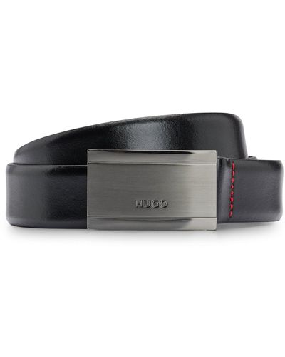 HUGO Leather Belt With Branded Gunmetal Plaque Buckle - Black