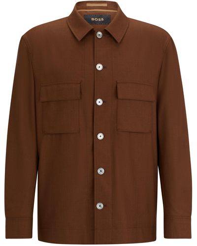 BOSS Relaxed-Fit Overshirt aus melierter italienischer Wolle und Seide - Braun
