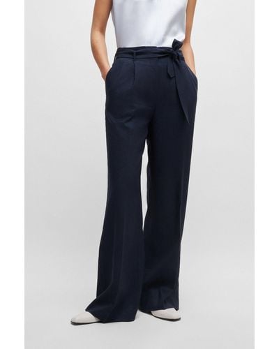 BOSS Wide-leg Trousers In Wool, Linen And Stretch - Blue