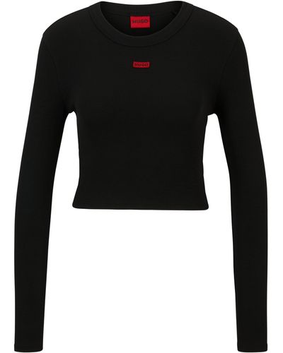 HUGO Korter Slim-fit T-shirt Met Lange Mouwen En Logolabel - Zwart
