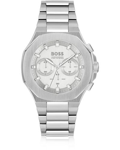BOSS Montre chronographe en métal à brossage vertical avec bracelet fuselé à maillons - Gris