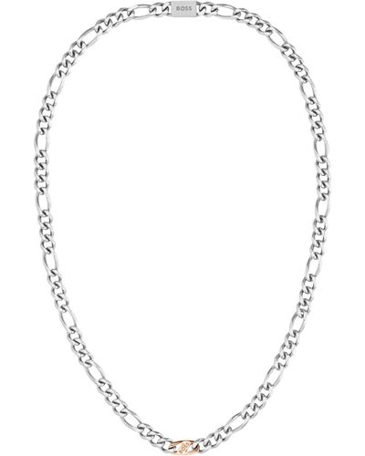 BOSS Silver-tone Figaro-chain Necklace With Branded Link - Multicolour
