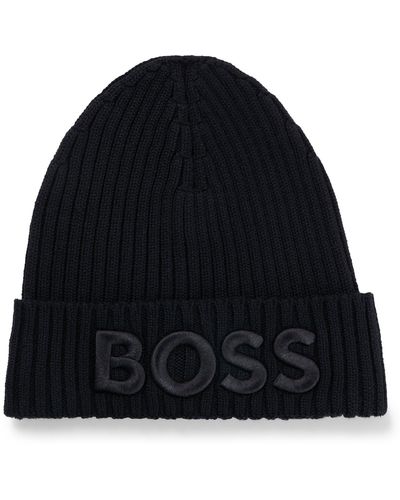 BOSS Logo-embroidered Rib-knit Beanie Hat In Virgin Wool - Black