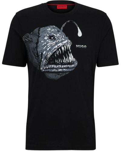 HUGO Regular-fit T-shirt Van Katoenen Jersey Met Seizoensartwork - Zwart