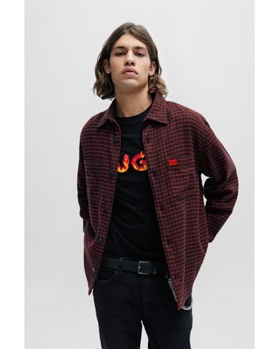 HUGO Oversized-fit Shirt In Checked Cotton Flannel - Red