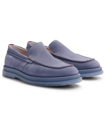 HUGO Suede Loafers With Translucent Rubber Sole - Blue