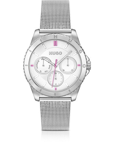 HUGO Uhr aus silberfarbenem Edelstahl mit Mesh-Armband und Logo - Weiß