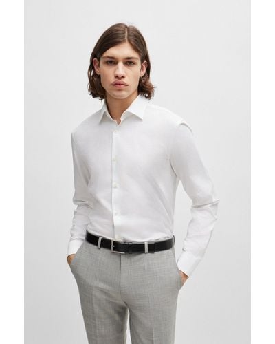 HUGO Slim-fit Shirt In Cotton With A Stacked-logo Jacquard - White
