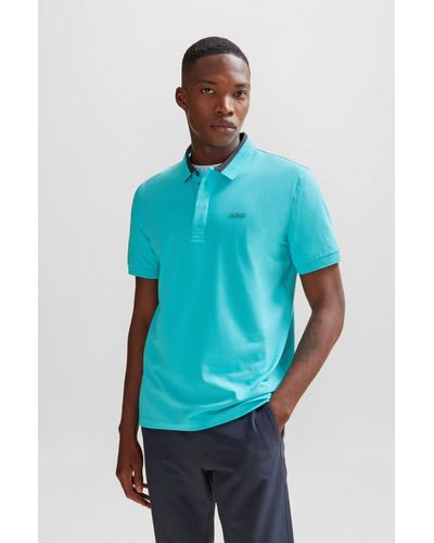 BOSS Stretch-cotton Polo Shirt With 3d-stripe Collar - Blue