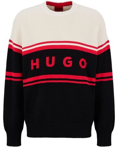 HUGO Striped Organic-cotton Jumper With Logo Jacquard - Red