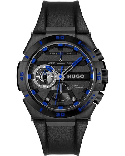 HUGO Reloj chapado en negro con correa de piel - Azul