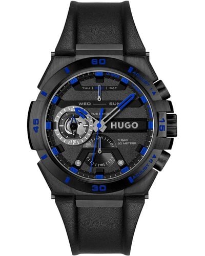 HUGO Black-plated Watch With Leather Strap - Blue