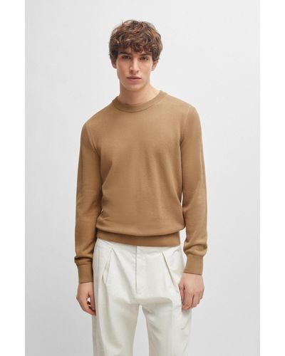 BOSS Micro-structured Crew-neck Jumper In Cotton - Natural