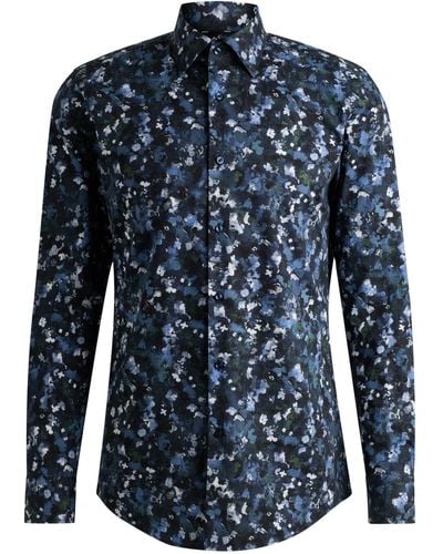 BOSS Bedrucktes Slim-Fit Hemd aus elastischer Baumwoll-Popeline - Blau