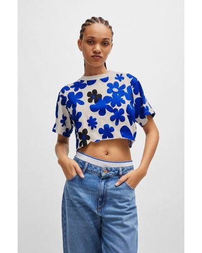 HUGO Cotton-jersey Relaxed-fit T-shirt With Floral Print - Blue